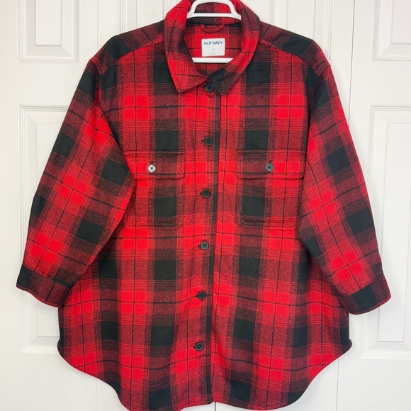 Old Navy Red & Black Buffalo Check Wool Blend Utility Shacket Jacket 3X - Picture 1 of 16